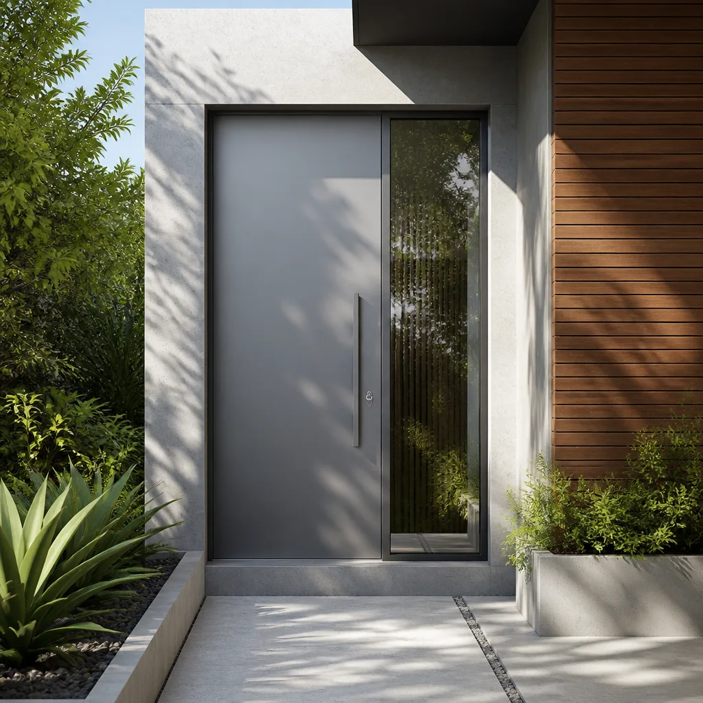 Modern gray entry door installation in contemporary home exterior