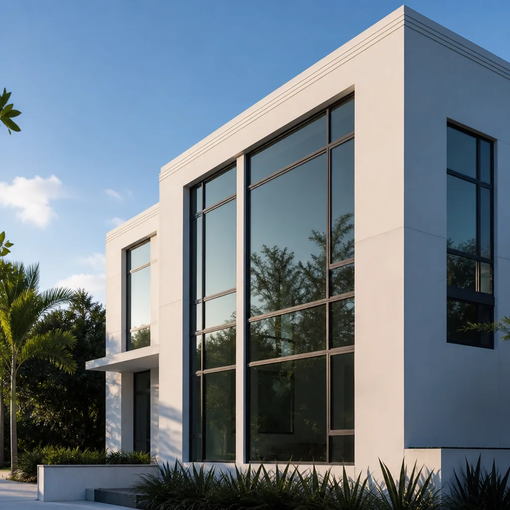 Modern residential building featuring large high-quality glass window and door installations