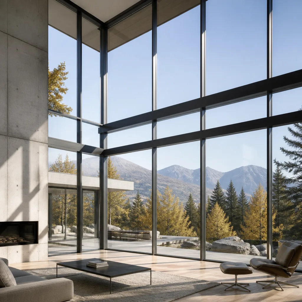 Modern floor-to-ceiling glass windows overlooking a mountain forest view