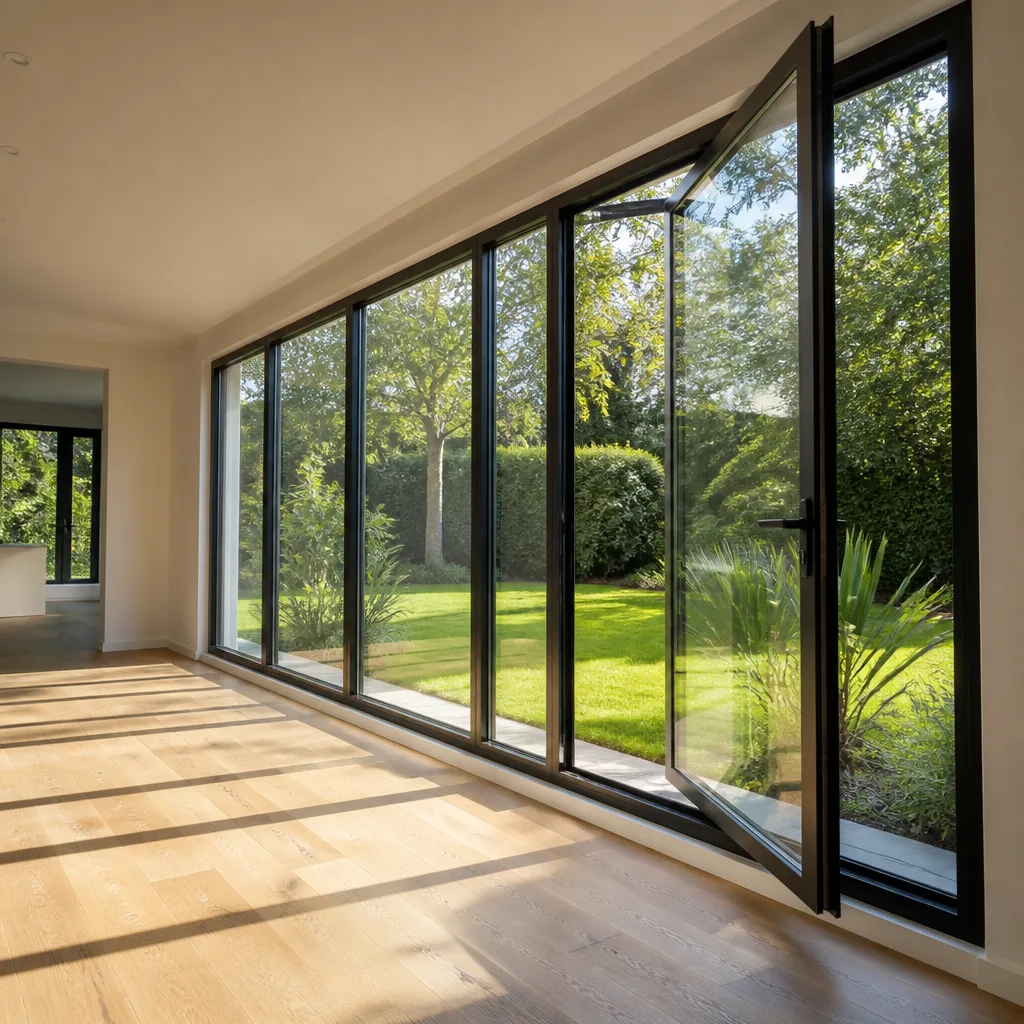 Modern black-framed glass patio doors opening to a garden view